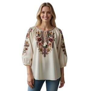 Johnny Was Workshop embroidered, boho chic, beachy core, coastal cowgirl shirt